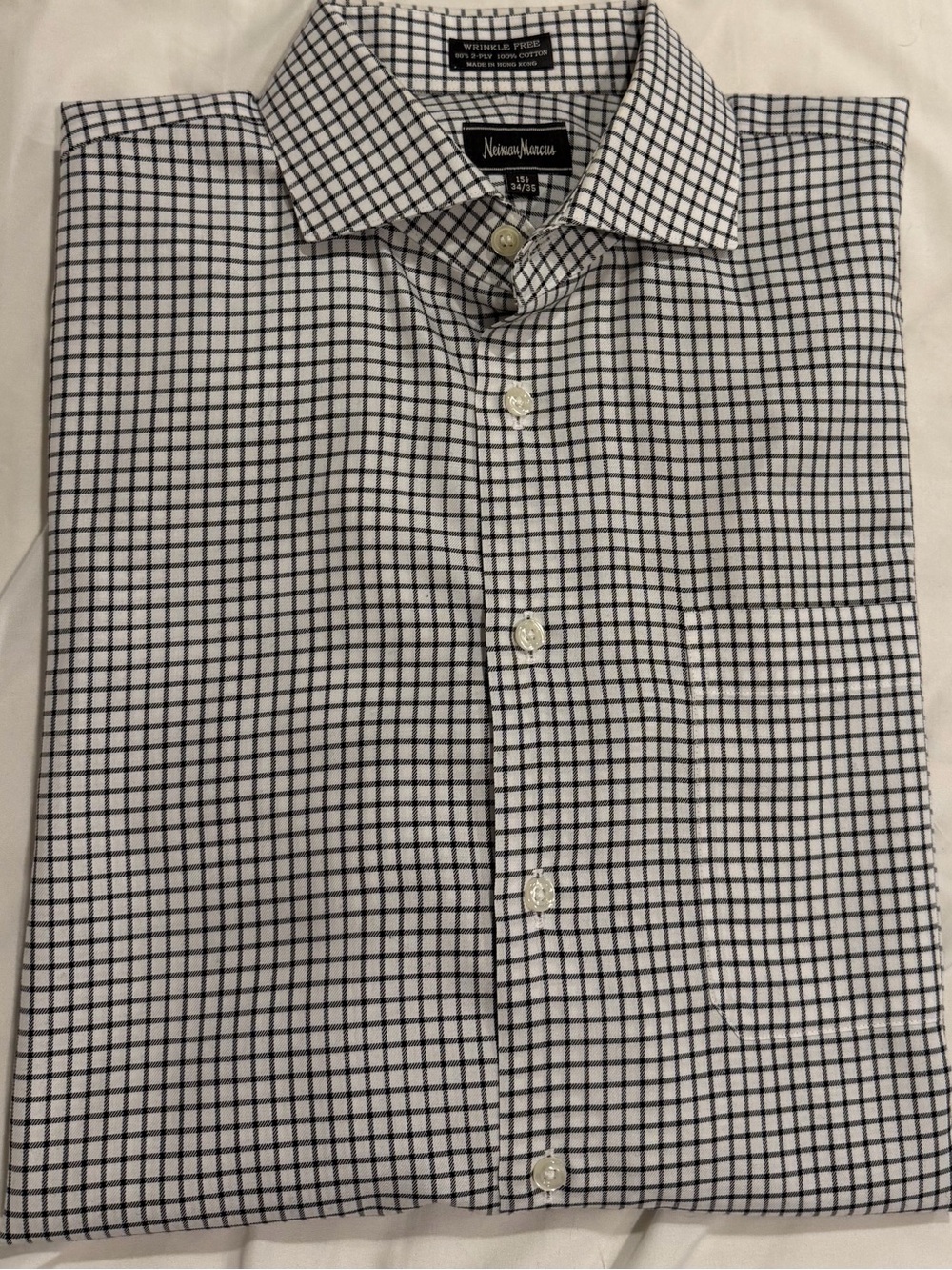 Neiman Marcus Men's White Dress Shirt with Black Windowpane Check